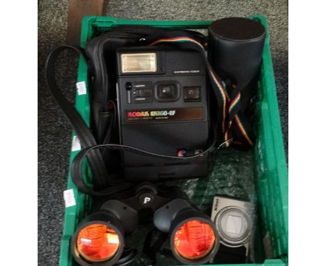 Box of cameras and similar items to include: Kodak camera bag containing a Kodak EK160-EF instant camera, Ikon Coolpix camera