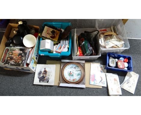 Four boxes of assorted items to include: crochet doilies, embroidery hoops, Vogue and other vintage sewing patterns,  embroid