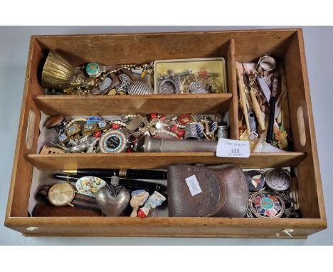 Collection of items, to include: pens, penknife, large key, bone handled items, mother of pearl items, badges, crosses, coins