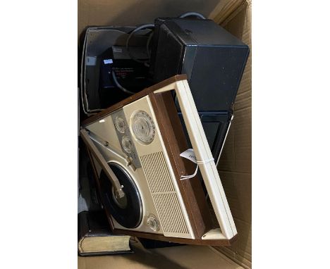 Box of items, to include: vintage Swinger travelling record player, Phillips cassette recorder, leather bound Victorian portr