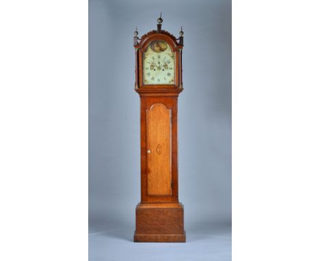 A George III oak and mahogany Longcase clockBy Robert Felmingham, StradbrookThe arched hood with shaped cresting, three finia