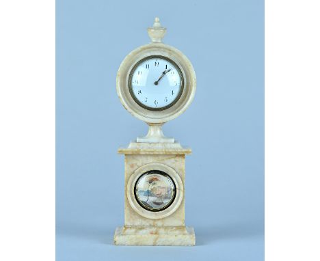 A Regency alabaster mantel timepieceSurmounted by an urn, with 2 3/4in white enamel dial, later French drum-shaped movement w