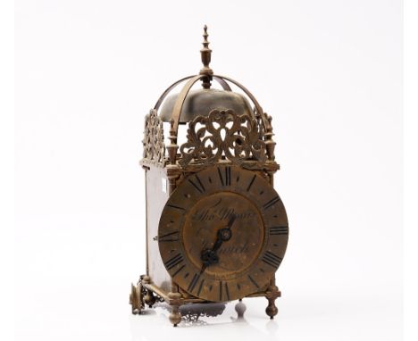 An 18th century style brass lantern clock, the dial signed 'Thomas Moore Ipswich', 37cm high, one weight, pendulum and later 