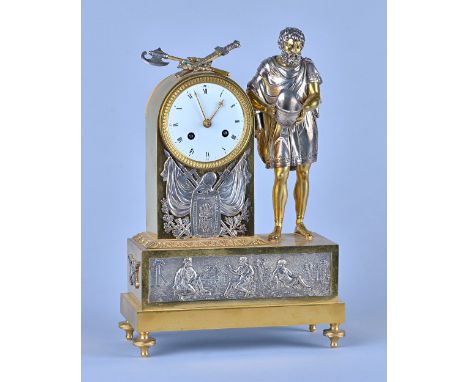 An Empire Ormolu and silvered Mantel ClockModelled with military trophiesThe twin train movement with white enamel dial (rest