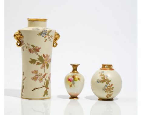 A Royal Worcester vase, circa 1892, of gently waisted form, painted with flowers and set with gilt elephant head handles, puc