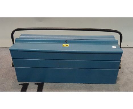 A blue painted metal Cantilever toolbox, 56cm wide x 21cm high.