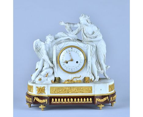 A Louis XVI ormolu and biscuit porcelain mantel clockThe movement by Pierre Gavelle, ParisModelled with two figures, above a 