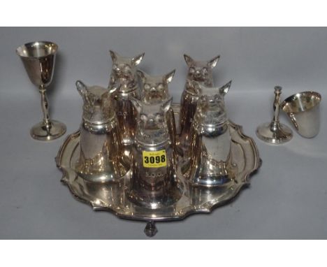 A group of six silver plated cups decorated with foxes, two silver plated goblets and a salver, (qty).