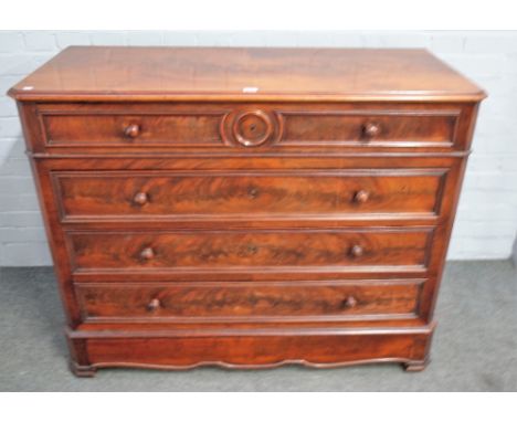 A 19th century French mahogany chest of five long graduated drawers on canted square bracket feet, 120cm wide x 95cm high. Co