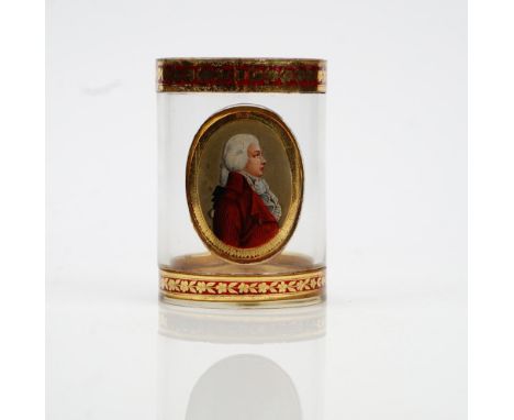 An Austrian zwischengold glass date portrait beaker by Johann Joseph Mildner, 1792, of cylindrical form, painted with a portr