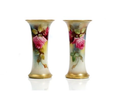 A pair of Royal Worcester beaker vases, circa 1912, each painted with pink roses, one by K.Blake, the other by M.Hunt, green 
