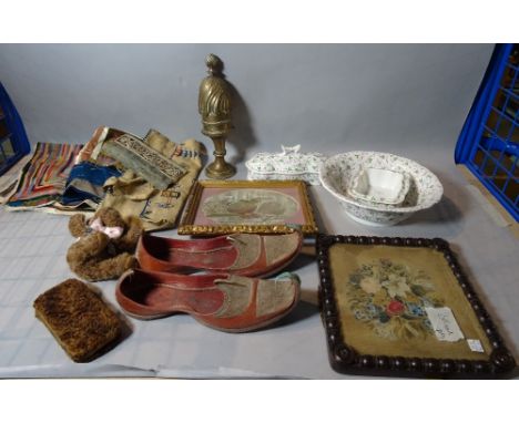 Collectables including; a pair of eastern decorative shoes, floral needlework picture, brass castors, scale weights and sundr