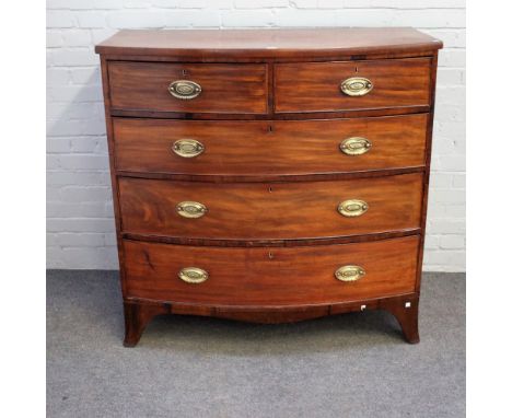 A George III mahogany bowfront chest of two short and three long graduated drawers, on splayed bracket feet, 116cm wide x 116