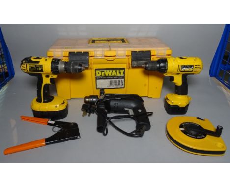 Tools comprising; two Dewalt drills, another, a Dewalt tool box, and sundry, (qty).  Condition Report Sold as not working.