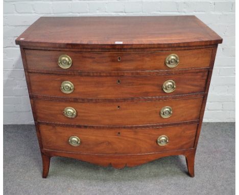 A George III crossbanded mahogany bowfront chest with four long graduated drawers on splayed bracket feet, 98cm wide x 90cm h
