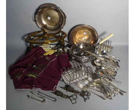 Silver plated wares, including toast racks, bowls, flatware and sundry, (qty).  Condition Report Wear as expected, no major i