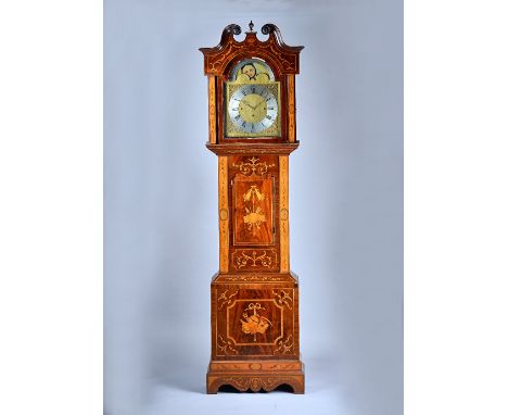 A mahogany, satinwood, marquetry and line-inlaid threetrain quarter-chiming Longcase clockThe case with swan-neck pediment, l