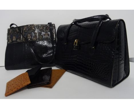A collection of vintage bags and accessories, comprising: a Brevettato Riva black crocodile soft briefcase, with two carrying