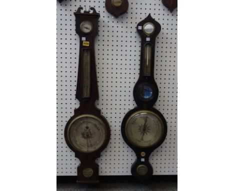 A 19th century mahogany wall barometer with broken arch pediment, 96cm long, and a 19th century rosewood barometer with inset