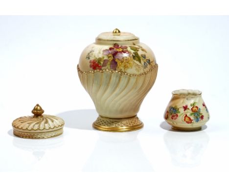 A Royal Worcester rose jar, lid and pierced cover, circa 1903, decorated with flowers against a shaded apricot ground, green 