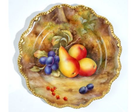 A Royal Worcester plate, circa 1937, painted by H.Price, signed, with an arrangement of fruit inside a gilt wavy rim, puce pr