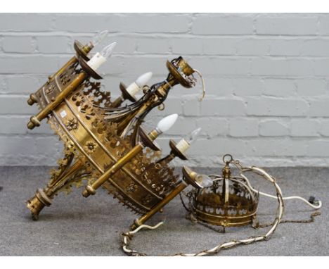 A 20th century Gothic revival six light brass chandelier, 87cm high x 62cm diameter.
