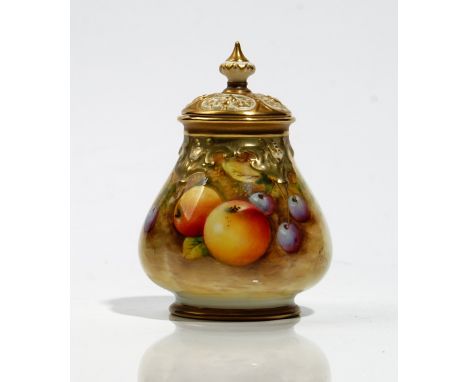 A Royal Worcester small pot pourri vase and pierced cover,of lobed pear form painted with fruit, indistinctly signed, black p