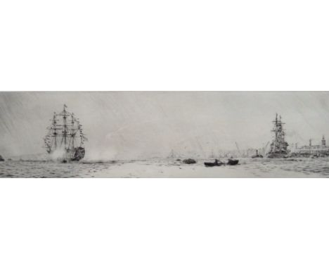 William Lionel Wyllie (British, 1851-1931), Tall ships off the coast, signed, etching, 9 x 33cm Condition Report Under glass,