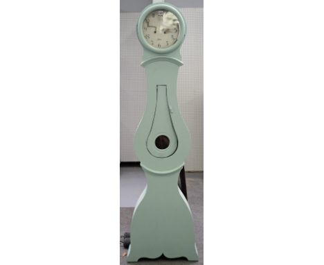 A Swedish longcase clock, green painted with circular hood and white painted dial detailed 'A.A.S. Mora' with twin train move