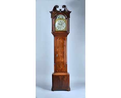 A George III mahogany and brass line-inlaid Longcase clockBy Joshua Harrocks, Lancaster The case with swan-neck pediment abov