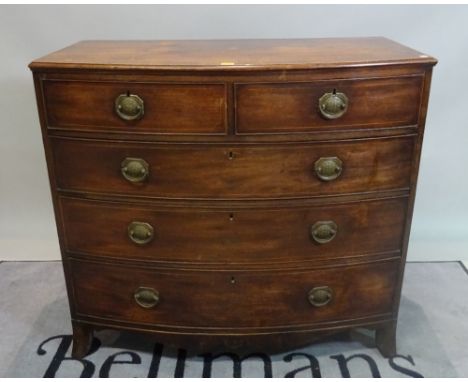 A George III mahogany bowfront chest of two short and three long graduated drawers on bracket feet, 109cm wide x 99cm high. 