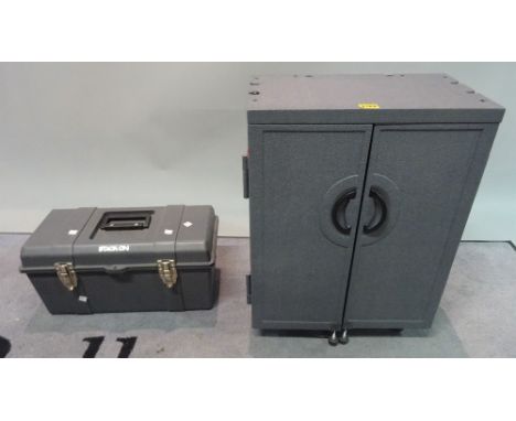 A grey plastic tool roller cabinet and a grey plastic 'stack-on' tool box, largest 45cm wide x 60cm high.