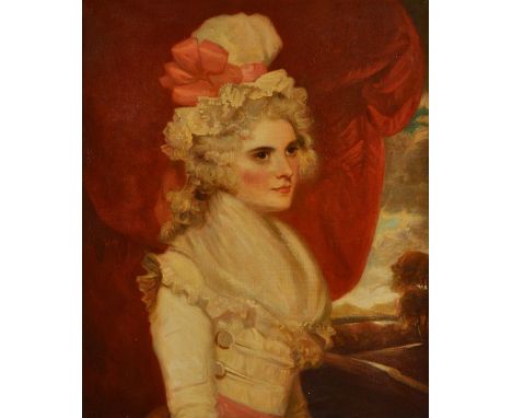 After John Hoppner, Portrait of Judith Beresford in a white dress with a red ribbon, oil on canvas, 74 x 61cm