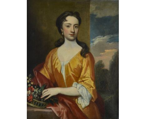 Studio of Sir Godfrey Kneller (Lubeck 1646-1723 London), Portrait of a lady in a yellow dress with a basket of flowers, bears