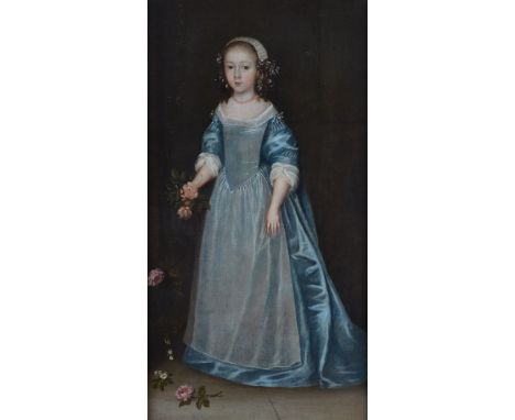 Follower of Anna Joan Carlile, Portrait of a girl in a blue dress, oil on canvas, 69 x 36cm Condition Report Hard to say age 