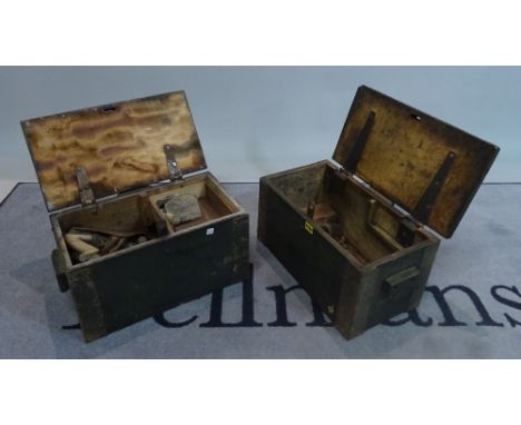 A quantity of early 20th century tools within two wooden boxes, 46cm wide x 26cm high, (2). 