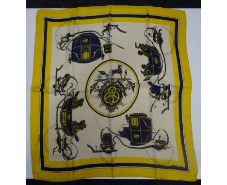 An Hermes silk scarf 'Ex Libris' designed by Hugo Grygkar circa 1946, decorated in navy blue and yellow colourway, depicting 