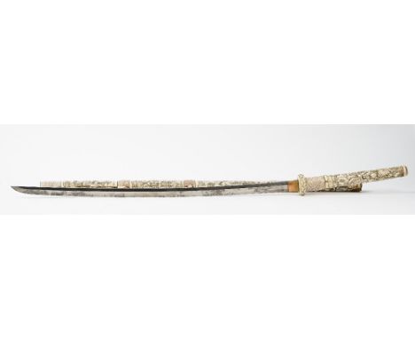 A Japanese carved bone long sword Meiji period, the hilt and scabbard carved in relief with figures, 121cm long. 