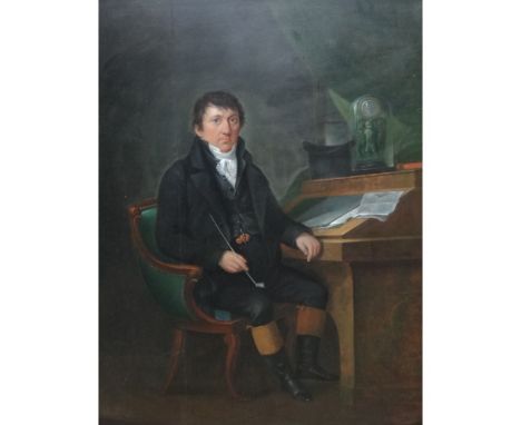American School, 19th Century, Portrait of a gentleman, seated in an interior, reading the Boston Herald; Portrait of a lady 
