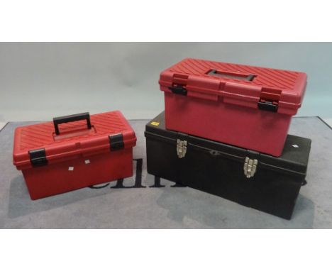 A 'Tuff Box' black plastic rectangular toolbox and two red plastic tool boxes, the largest 65cm wide x 27cm high. Condition R