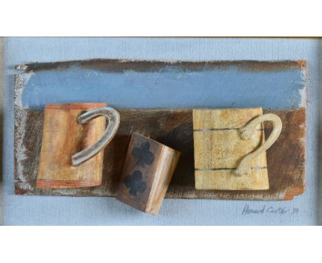 Howard Carter (British, 20th Century), Two Mugs and a Playing Card, signed and dated 'Howard Carter 98' (lower right) and bea