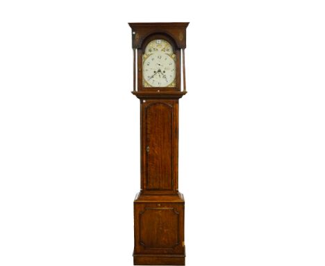 A George III oak longcase clock, the cream and gilt painted arched dial signed 'Martin. Thirsk' the twin train movement strik