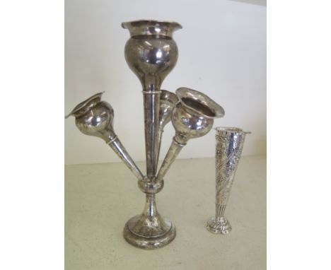 A silver hallmarked Epergne and a silver hallmarked trumpet vase decorated with foliate embossed design