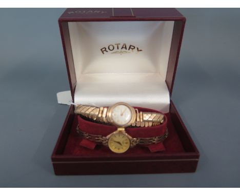 A 9 ct gold Ladies Rotary cocktail watch with similar Kered  watch on rolled gold expanding strap with Rotary box