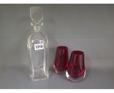 A 1930's engraved decanter with two 1960's vases Orrefors
Condition report: Damage to base of decanter and a number of marks 