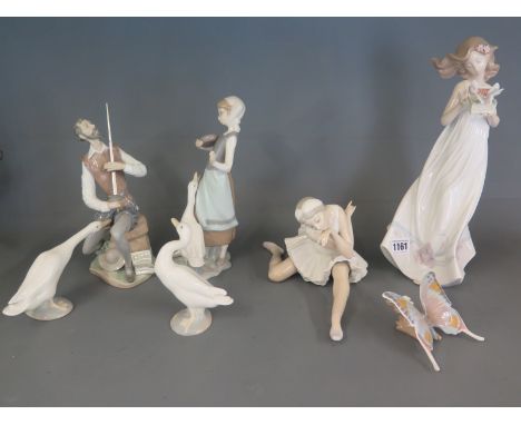 Seven Lladro figures - a Lladro figure of a girl and butterflies, a seated Don Quixote figure, a ballet dancer, a girl and go