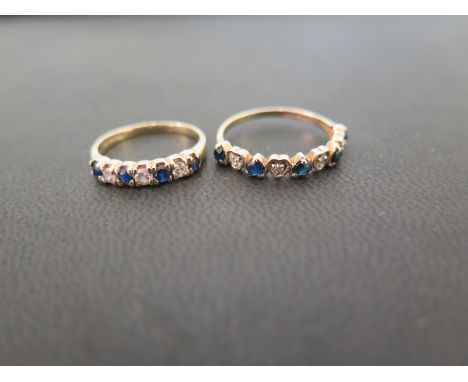 Two 9ct gold sapphire and diamond half-circle rings - One with heart detail - Hallmarked London - Ring sizes N and J - Weight