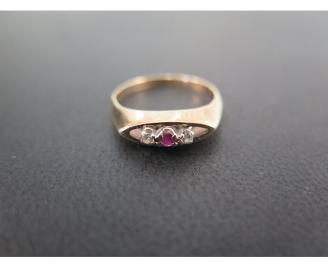 A 9ct gold ruby and diamond three-stone ring - Hallmarked Birmingham - Ring size P - Weight approx 2.5gms
Condition Report: G