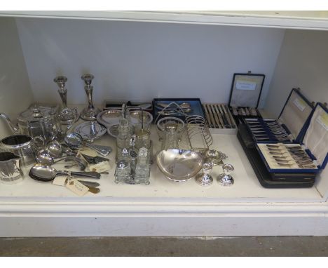 A quantity of silver plated items including cruet sets - E.P.B.M tea service, flatware etc. and two small hallmarked silver c