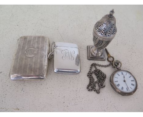 A hallmarked silver pepper, vesta, cigarette case and pocket watch with chain - Approx weight 4 troy oz